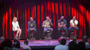 Microphone Check onstage with Organized Noize in Atlanta. From left to right: Frannie Kelley, Ray Murray, Rico Wade, Sleepy Brown and Ali Shaheed Muhammad.