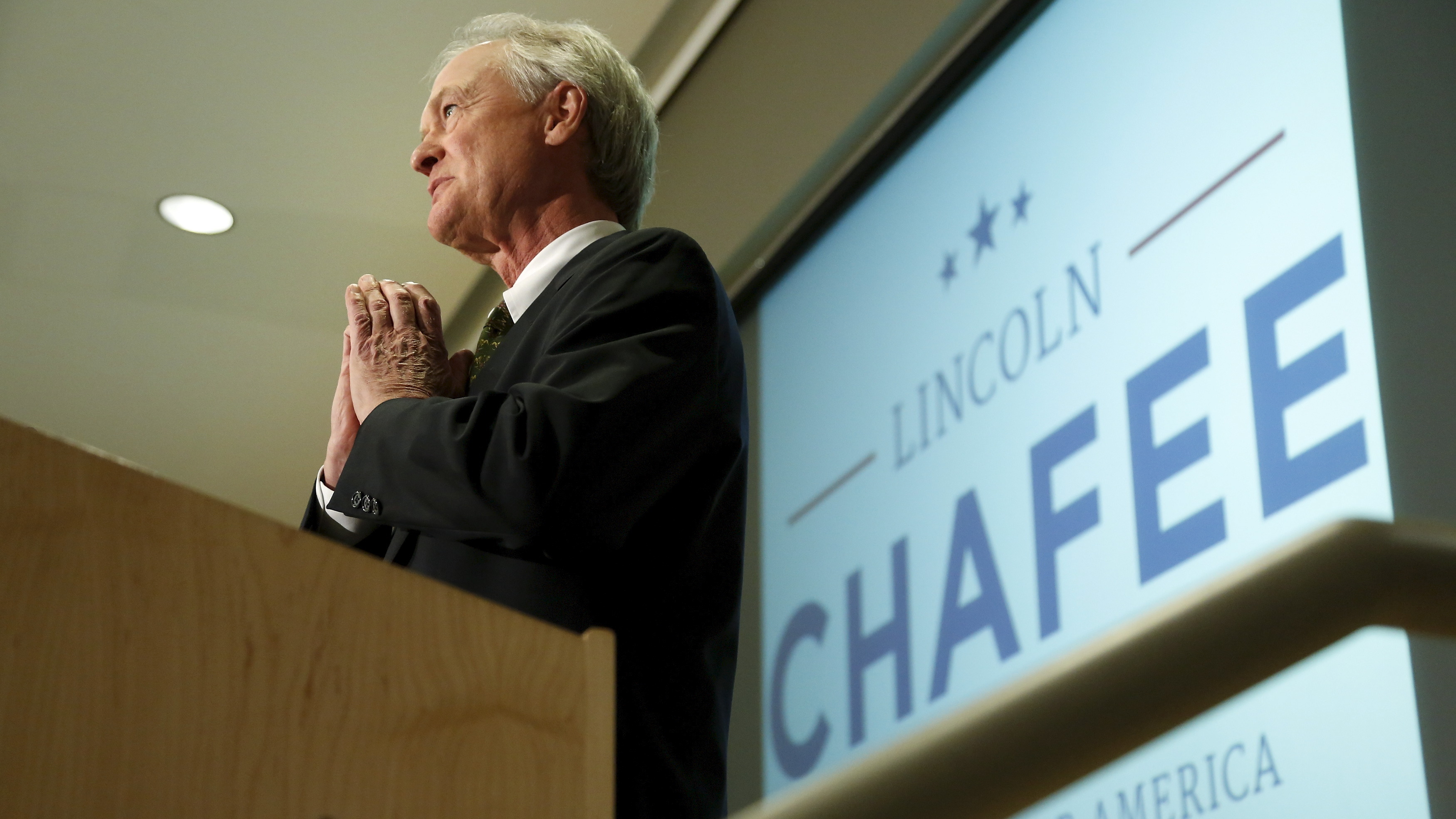 Former Rhode Island Gov. Lincoln Chafee announced he will seek the Democratic nomination to be U.S. president during an address to the George Mason University School of Policy, Government, and International Affairs at their campus in Arlington, Va., Wednesday. (Reuters /Landov)