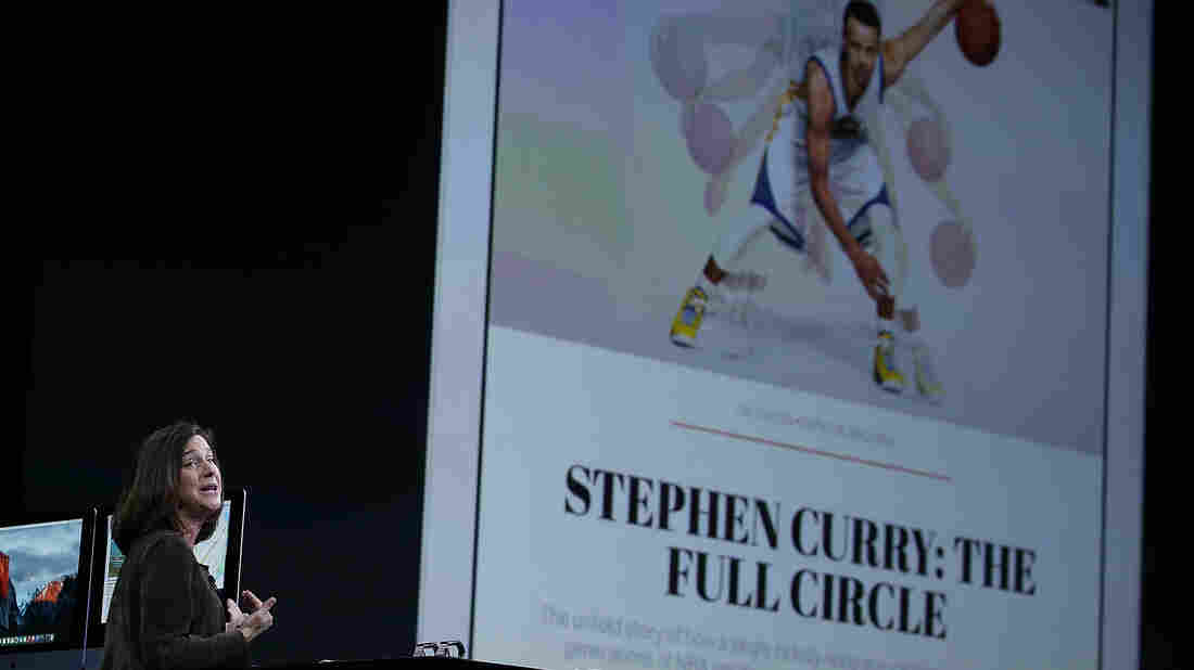 Susan Prescott, Apple vice president of product management and marketing, demonstrates the News app during the Apple Worldwide Developers Conference in San Francisco on Monday.