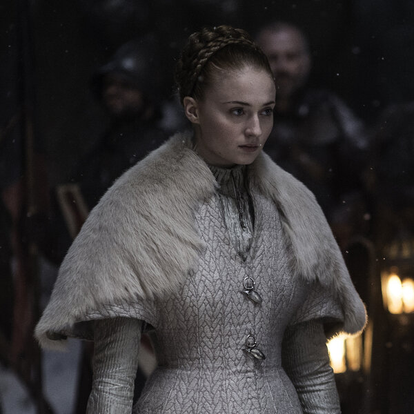 Sansa Stark (Sophie Turner) and Theon Greyjoy (Alfie Allen) on Game of Thrones.
