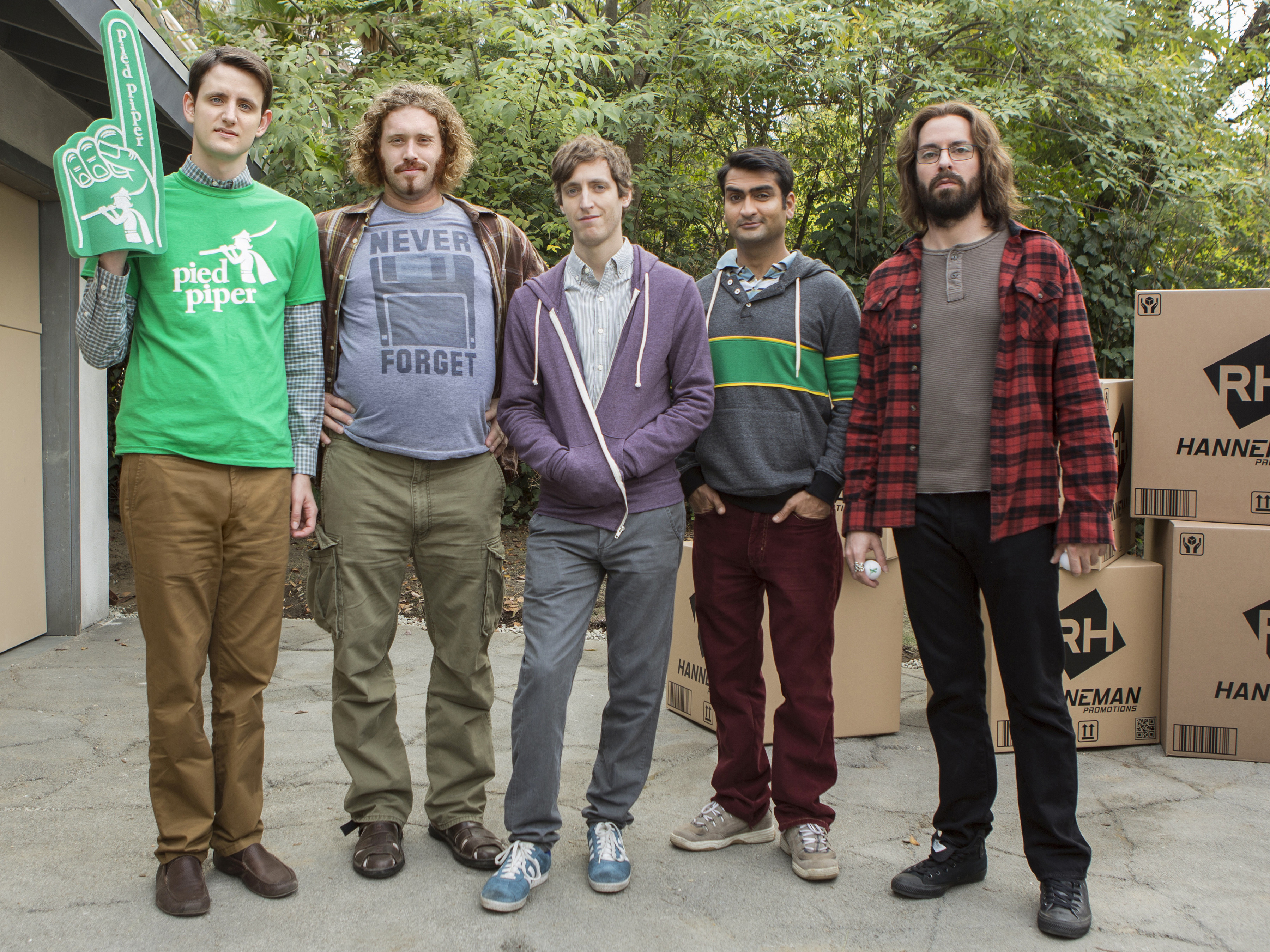 Zach Woods, T.J. Miller, Thomas Middleditch, Kumail Nanjiani, and Martin Starr. (HBO)