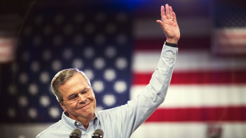 Former Florida Gov. Jeb Bush takes the stage to formally join the race for president Monday at Miami Dade College in Miami. (David Goldman/AP)
