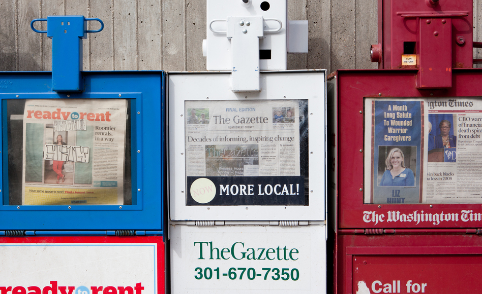 The Montgomery and Prince George's County <em>Gazettes</em> in Maryland were two locally focused papers that have shut down. (Lydia Thompson/NPR)