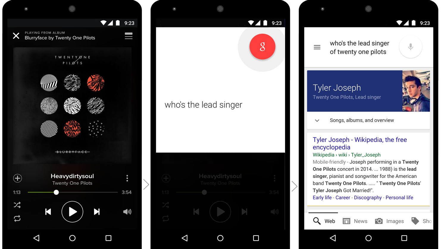 Google's upcoming &quot;now on tap&quot; feature will let smartphone users ask a question within an app like Spotify. (Google Inside Search)