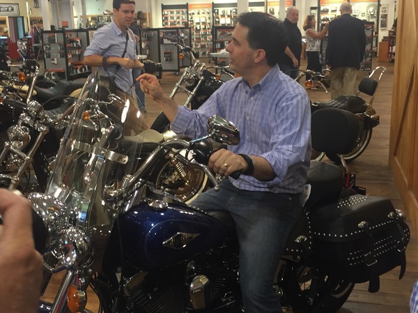 Wisconsin Gov. Scott Walker was in his element while campaigning at a Harley-Davidson dealership in North Charleston, S.C., on Wednesday.