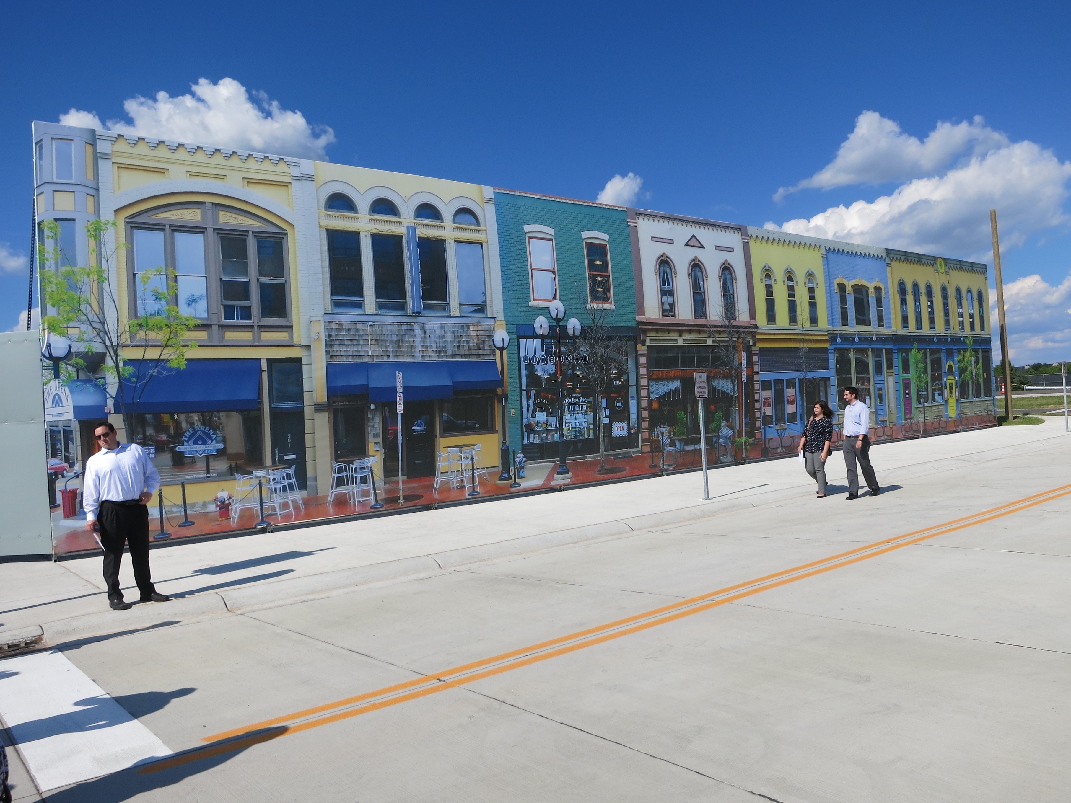 Mcity's "downtown" is actually a silk-screen recreation of a street in Ann Arbor, Mich. Researchers have built the small fake city at the University of Michigan as a testing ground for autonomous vehicles.