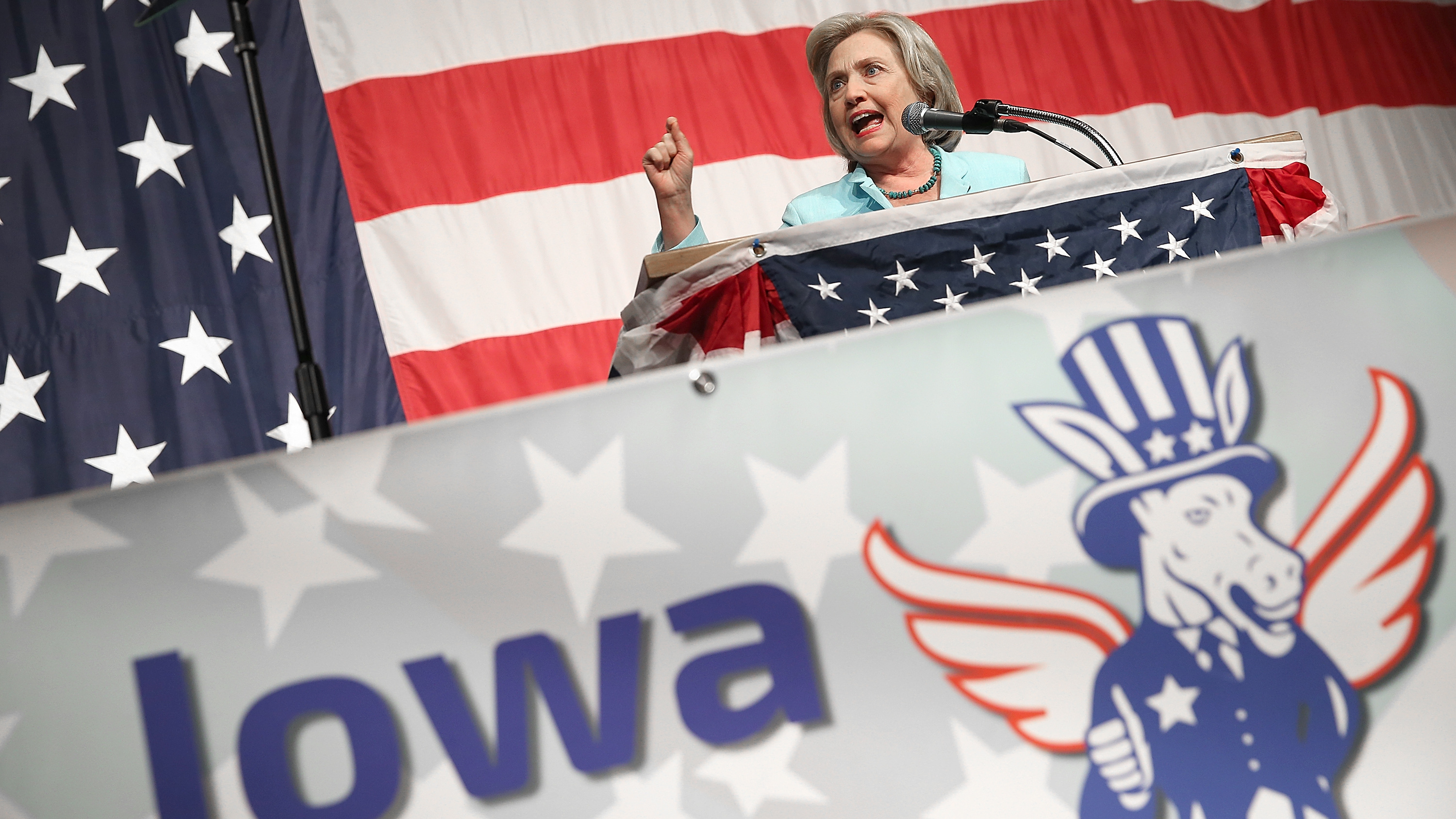 Democratic presidential candidate Hillary Clinton speaks at the Iowa Democratic Wing Ding on Friday in Clear Lake, Iowa.