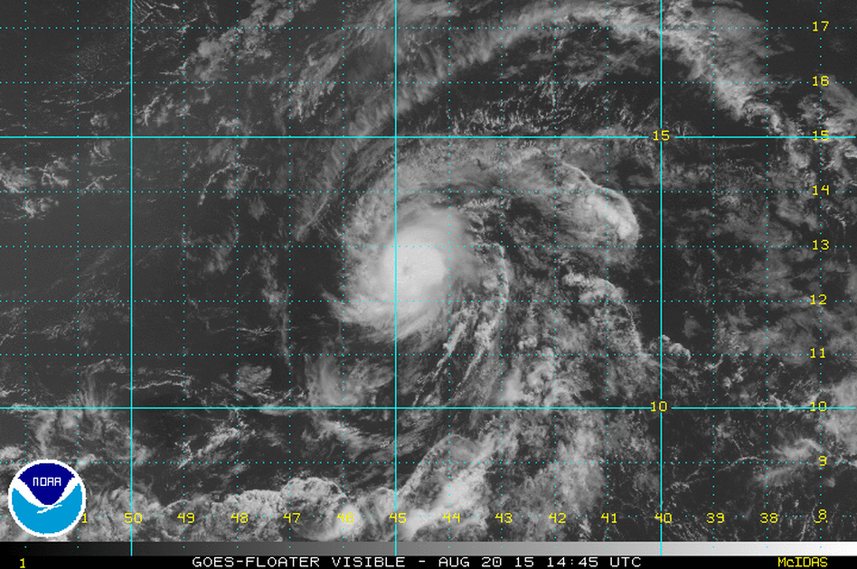 A satellite image of Danny as it moves slowly westward toward the Lesser Antilles. (NOAA)