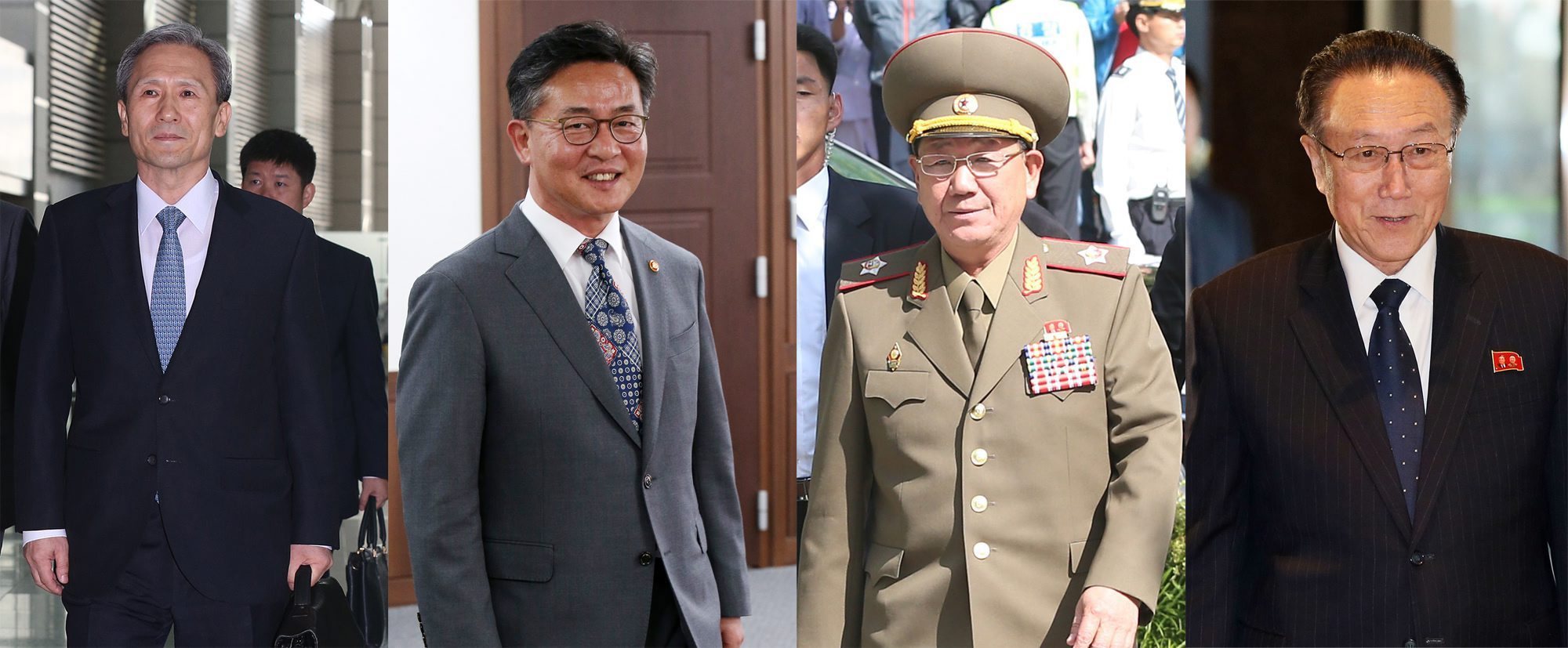 An undated composite photograph showing the delegates at the Panmunjom talks on Saturday. (Left to right) South Korean National Security Adviser Kim Kwan-jin, South Korean Unification Minister Hong Yong-pyo, Hwang Pyong-so, the North Korean military's top political officer and Kim Yang-gon, the top North Korean official in charge of inter-Korean affairs.