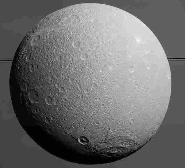 A view from NASA's Cassini spacecraft as it looks toward Saturn's moon Dione.