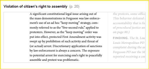 A significant constitutional legal issue arising out of the mass demonstrations in Ferguson was law enforcement's use of an ad hoc "keep moving" strategy, commonly referred to as the "five-second rule," applied to protesters.