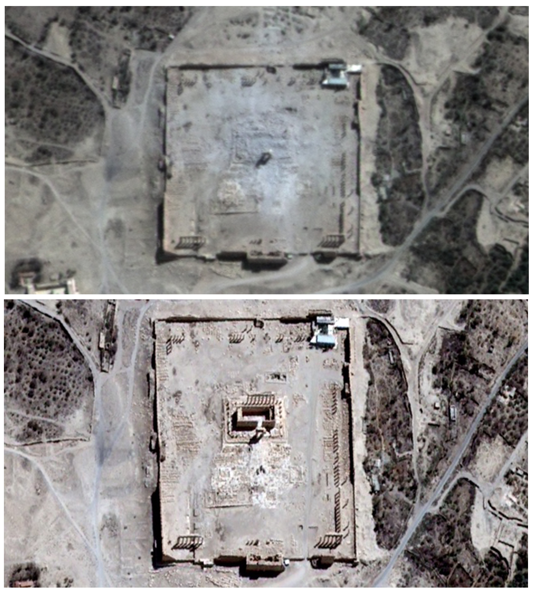 After reports of an explosion at the 2,000-year-old city of Palmyra, the U.N. confirmed that the Temple of Bel had been destroyed. Satellite images show the famous temple a few days before the explosion (below), and a day after (above).