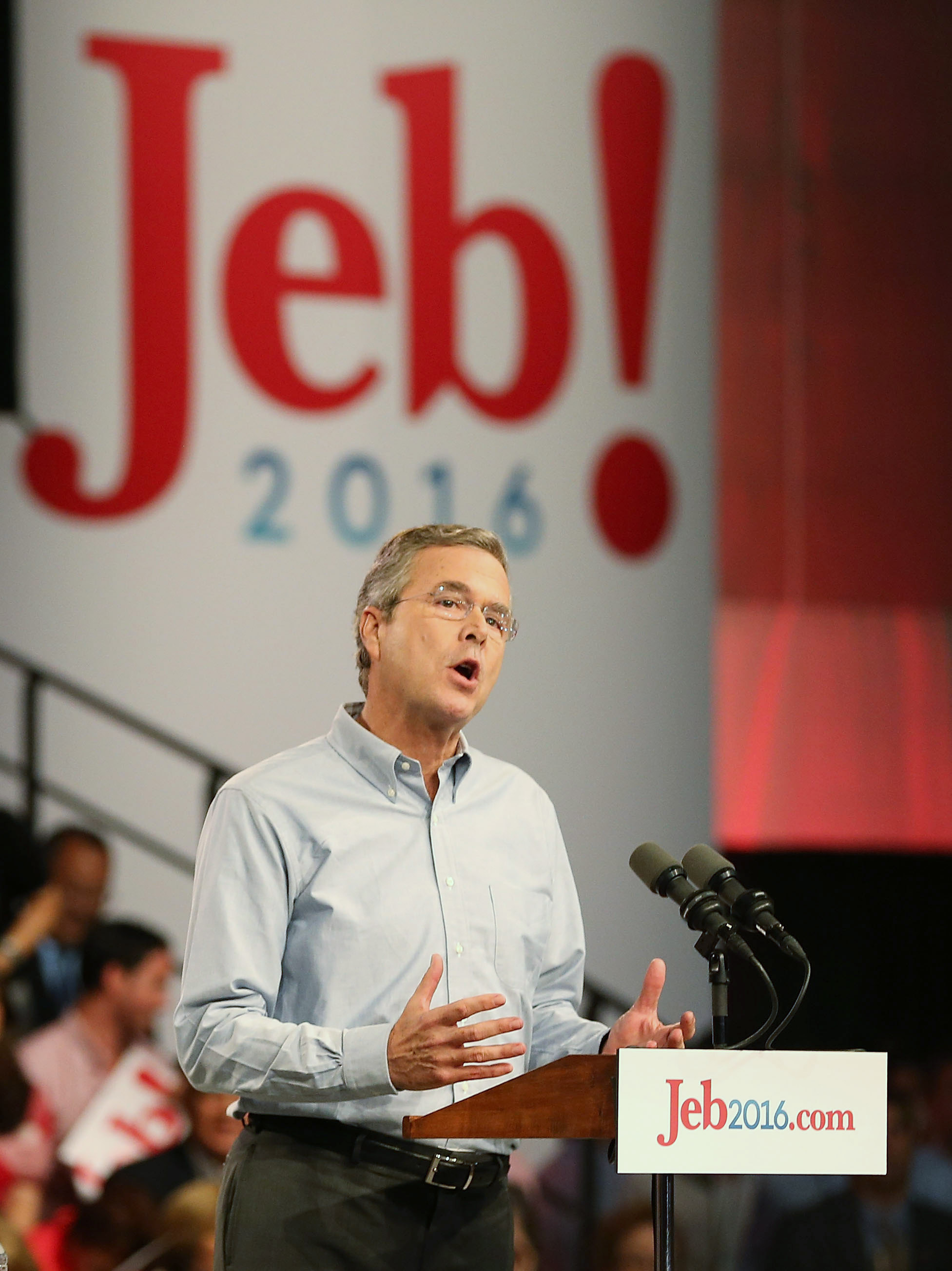 Jeb Bush's campaign logo, seen here during his June campaign kickoff in Miami, emphasizes his first name.