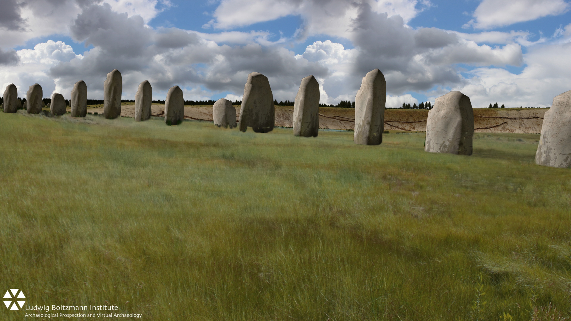 A row of large stones is seen in this rendering of researchers' discovery beneath part of Durrington Walls, near Stonehenge.