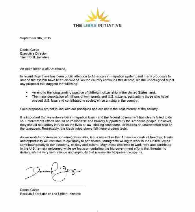 An open letter on immigration from conservative Latino group The Libre Initiative.