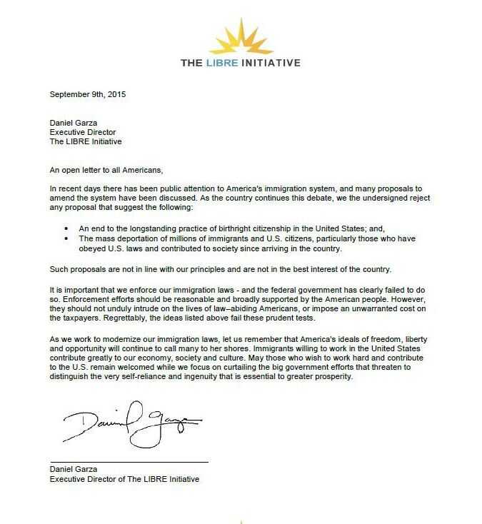 An open letter on immigration from conservative Latino group The Libre Initiative.