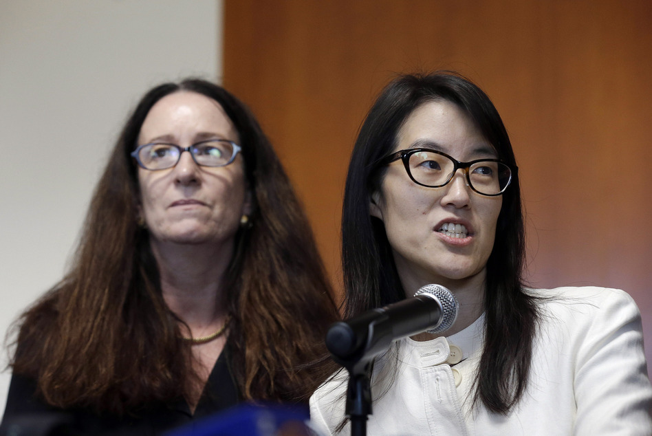 Ellen Pao, right, gives a statement to reporters next to her attorney Therese Lawless at in March, after a jury decided that a prestigious venture capital firm did not discriminate or retaliate against her. (Jeff Chiu/AP)