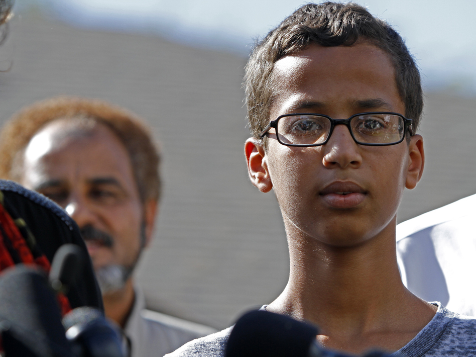 Ahmed Mohamed speaks during a news conference on Wednedsay in Irving, Texas. The 14-year-old was detained for building what a teacher thought was a bomb; it was an alarm clock. (Ben Torres/Getty Images)