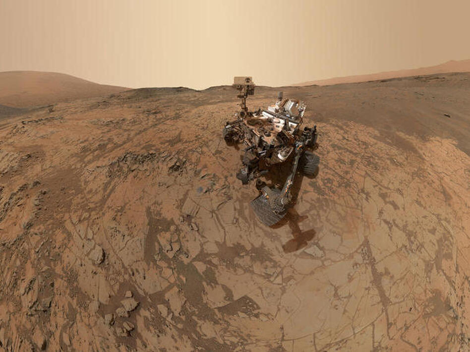 NASA's Curiosity rover took dozens of images that together made a selfie in January on the Mount Sharp area of Mars.