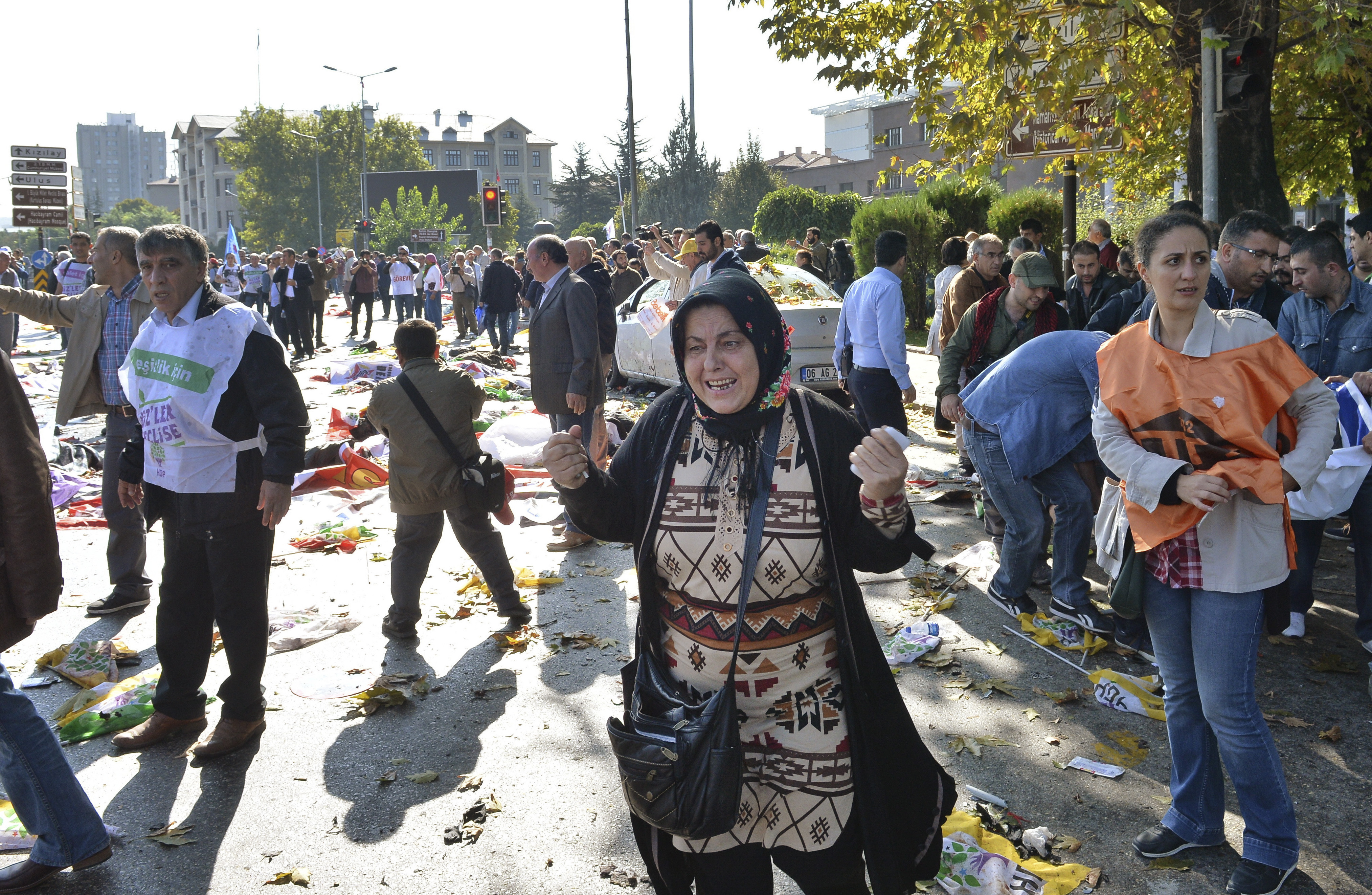A woman reacts at the site of an explosion in Ankara, Turkey, on Saturday.