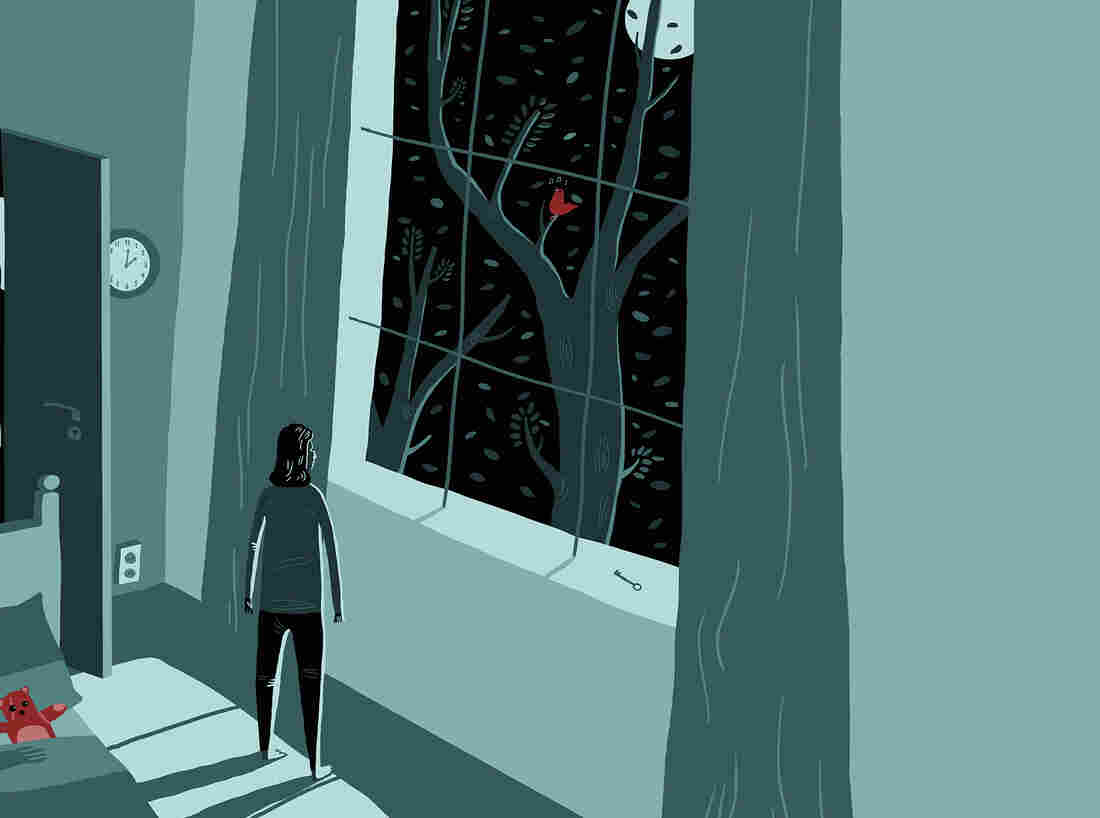 Illustration of woman looking out the window at a nighttime sky at 2 a.m.