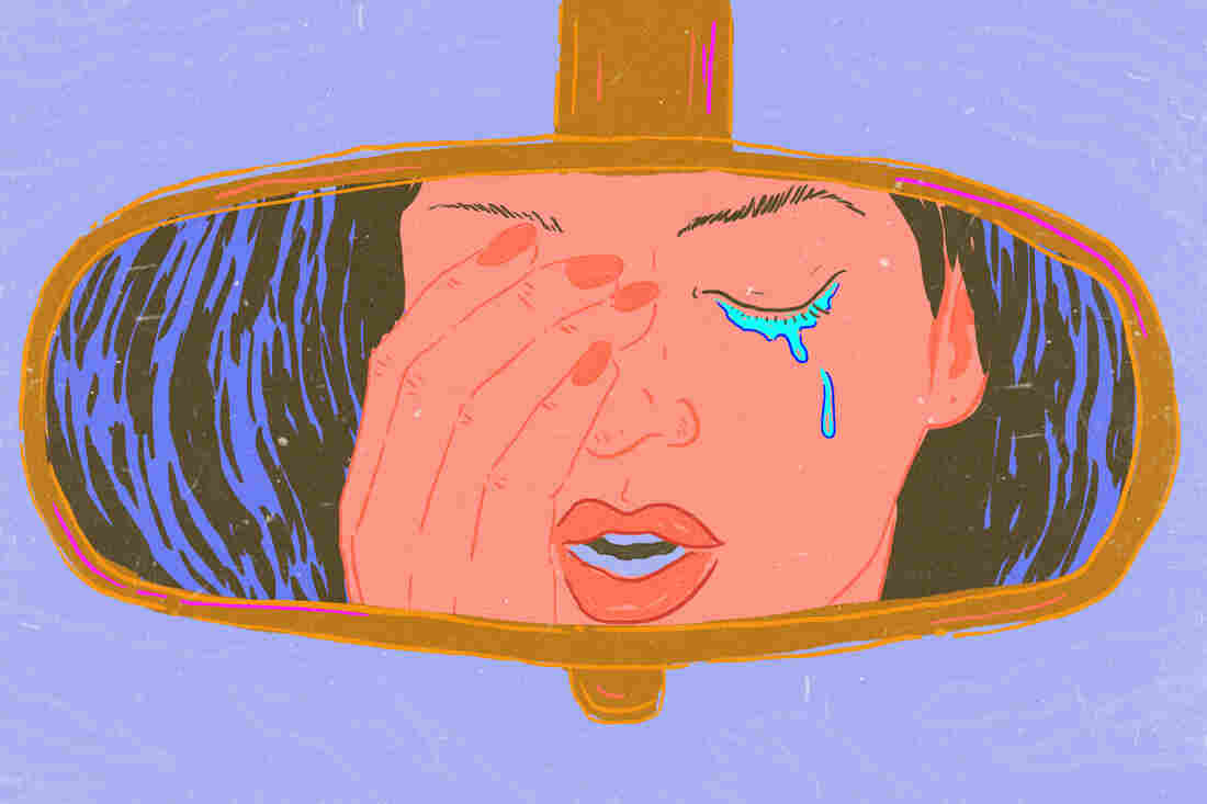Close-up illustration of a woman crying in the rear-view mirror of her car