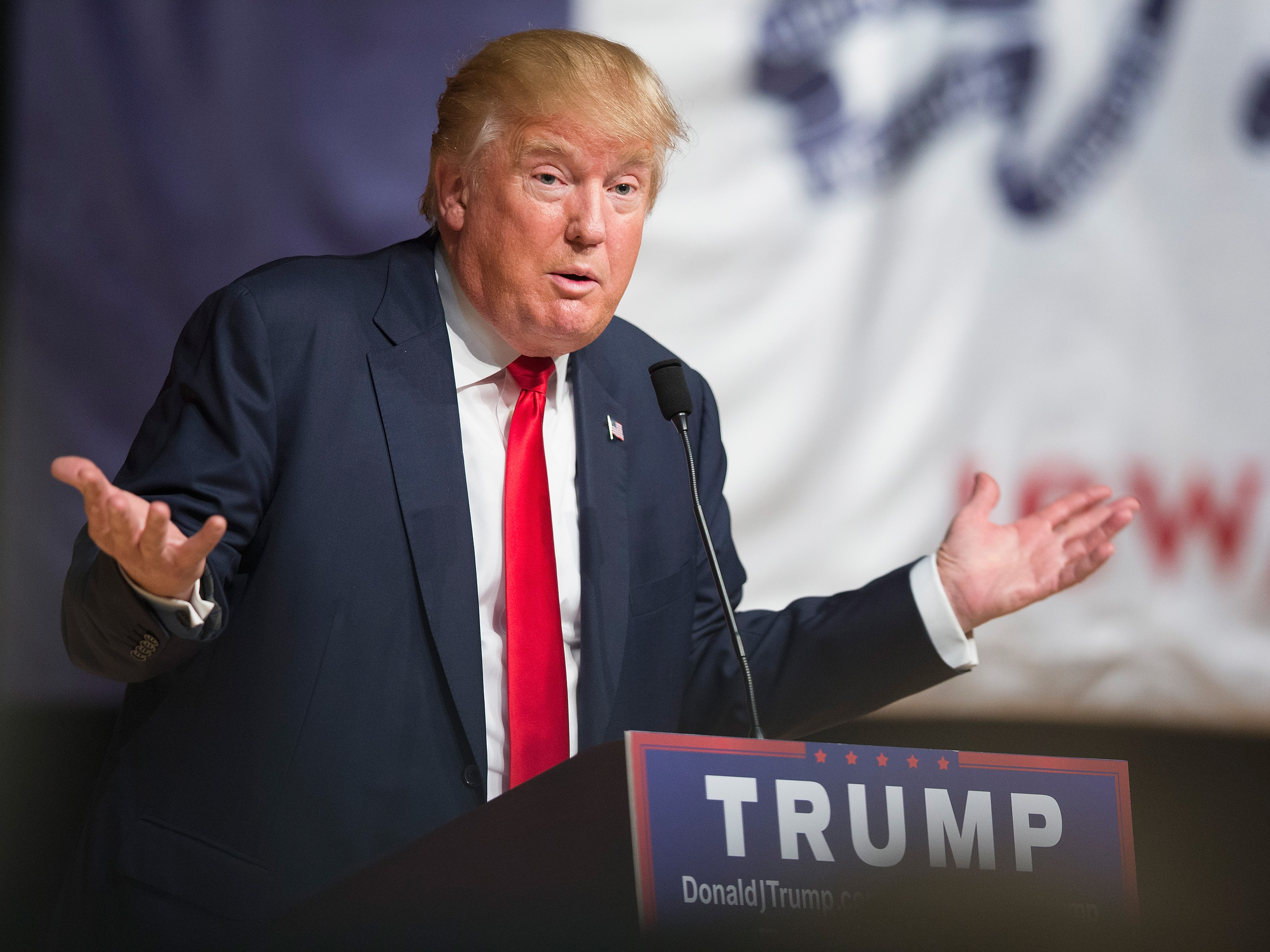 Donald Trump speaks to guests at an Oct. 21 campaign rally in Burlington, Iowa. Trump leads most polls in the race for the Republican presidential nomination, but his retweets are — to some extent — still a mystery. (Getty Images)
