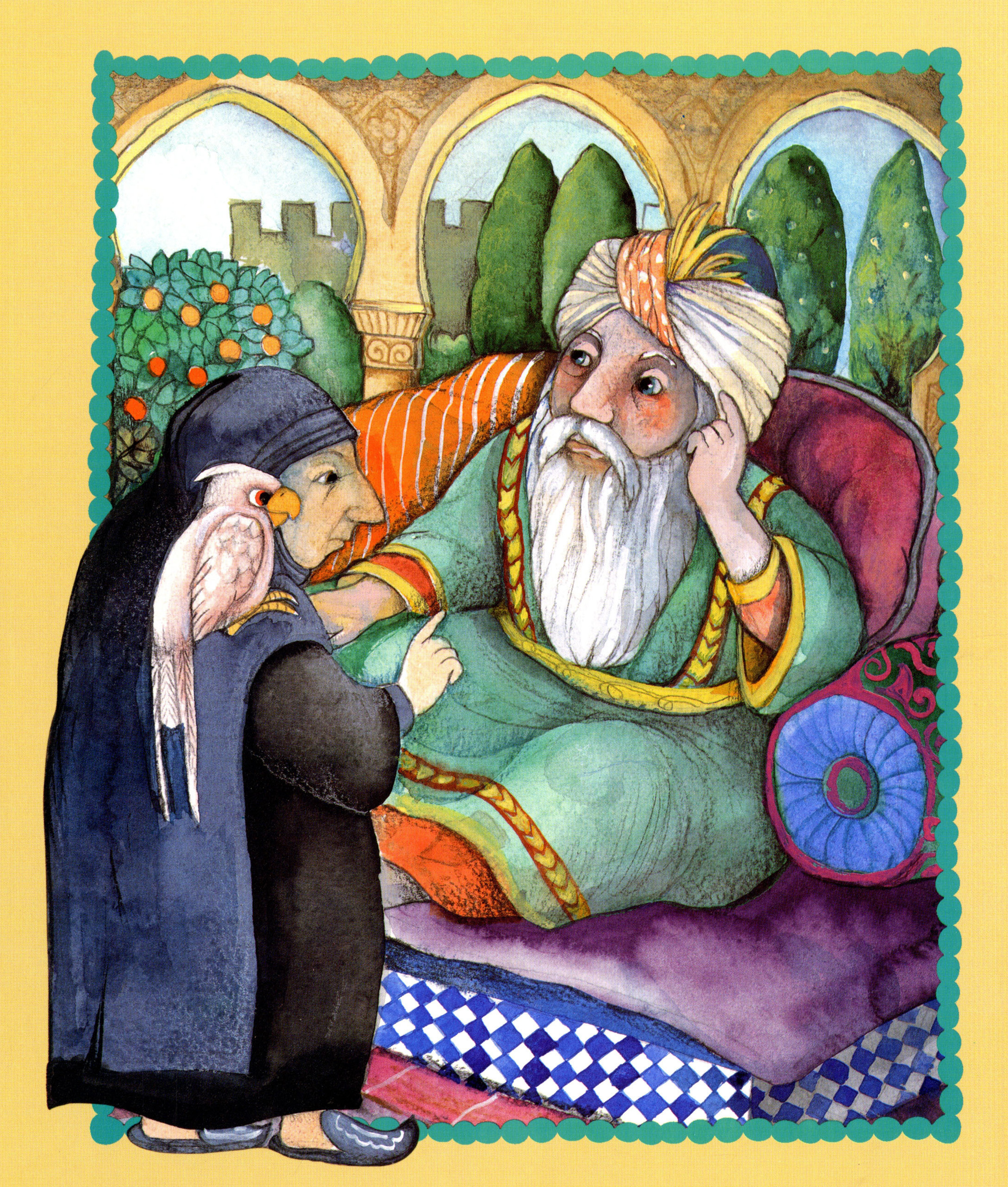 In The Happy Man's Tunic, an old woman (with a white parrot) helps save a caliph's son after he becomes seriously ill.