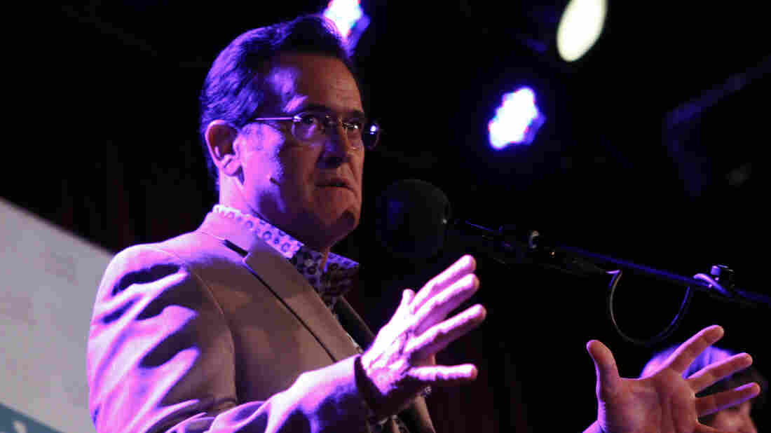Bruce Campbell and Lucy Lawless perform on the Ask Me Another stage at The Bell House in Brooklyn, New York.