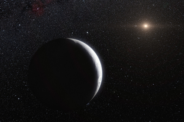 The new object is one of many dwarf planets orbiting at the edge of the solar system. This artist's conception shows the previous record-holder for distance, a dwarf planet called Eris.