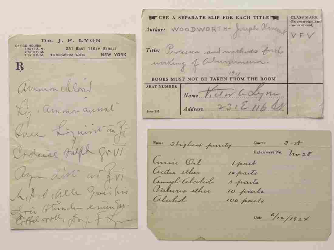 Prescription and call slips found in Victor Alfred Lyon's book.