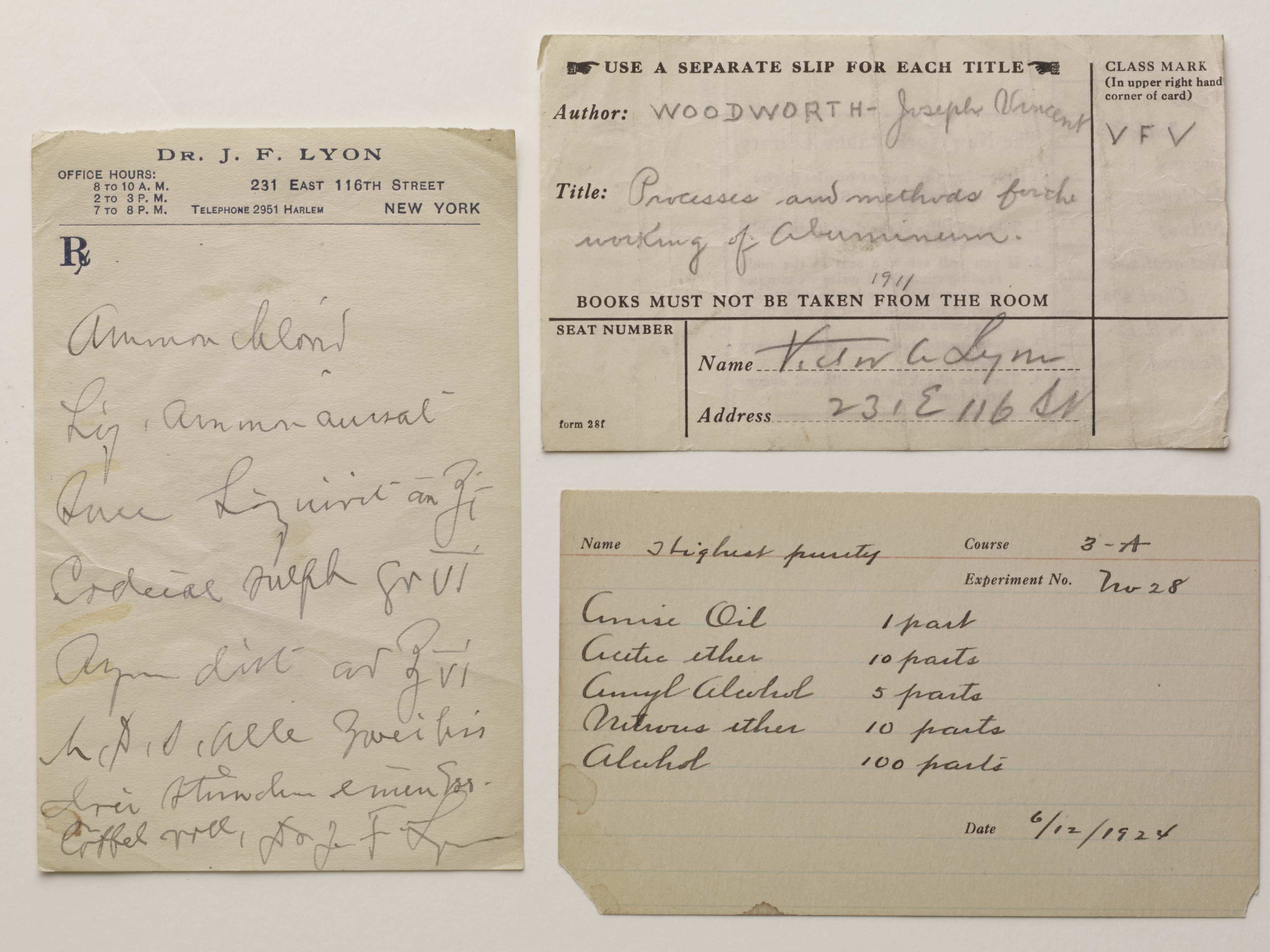 Prescription and call slips found in Victor Alfred Lyon's book.