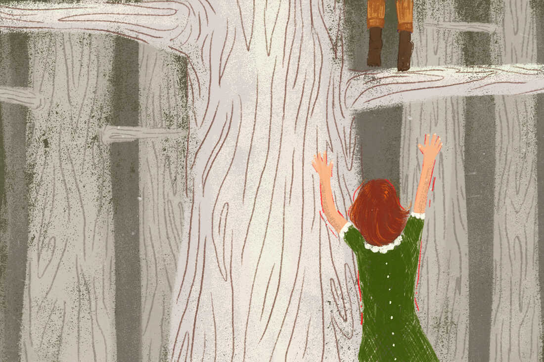 Girl reaching for tree branch but can't keep up with friends.