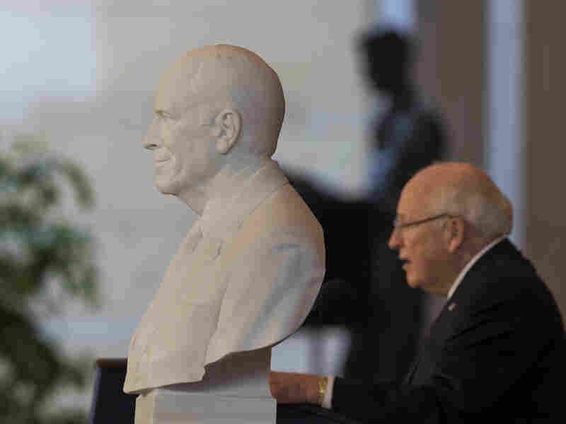 The bust of former Vice President Dick Cheney seen in the foreground ahead of Vice President Cheney in the U.S. Capitol Thursday.