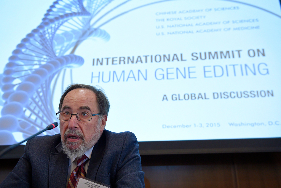 Nobel laureate David Baltimore of Caltech speaks to reporters at the National Academy of Sciences international summit on human gene editing, on Tuesday in Washington, D.C. Hundreds of scientists and ethicists from around the world debating how to deal with technology that makes it easy to edit the human genetic code. (Susan Walsh/AP)