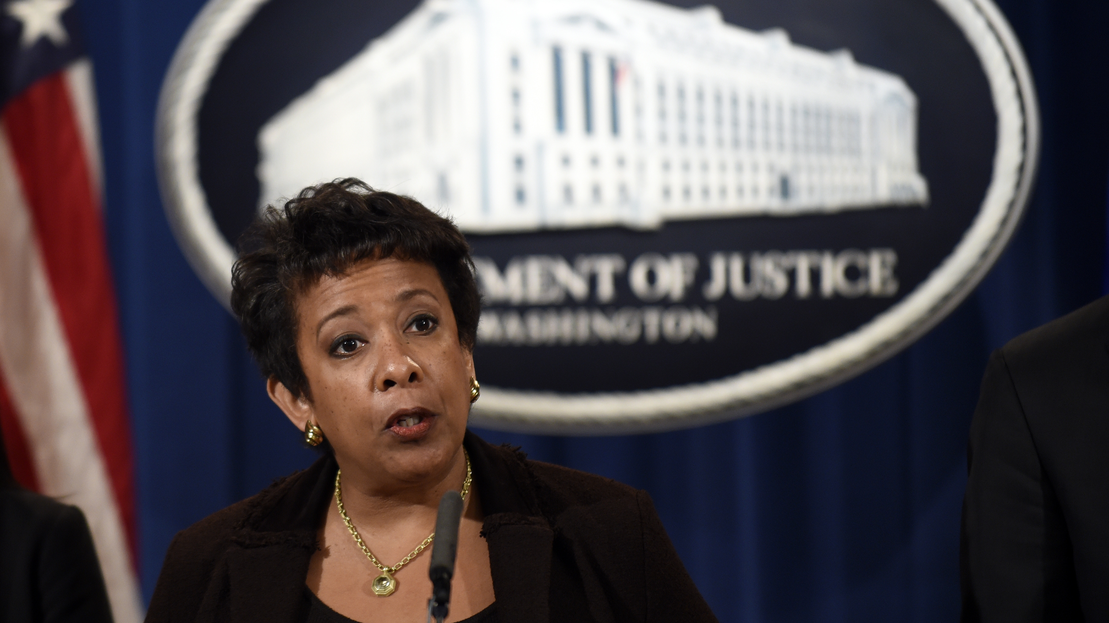 Attorney General Loretta Lynch speaks during a news conference Monday at the Justice Department in Washington, D.C.