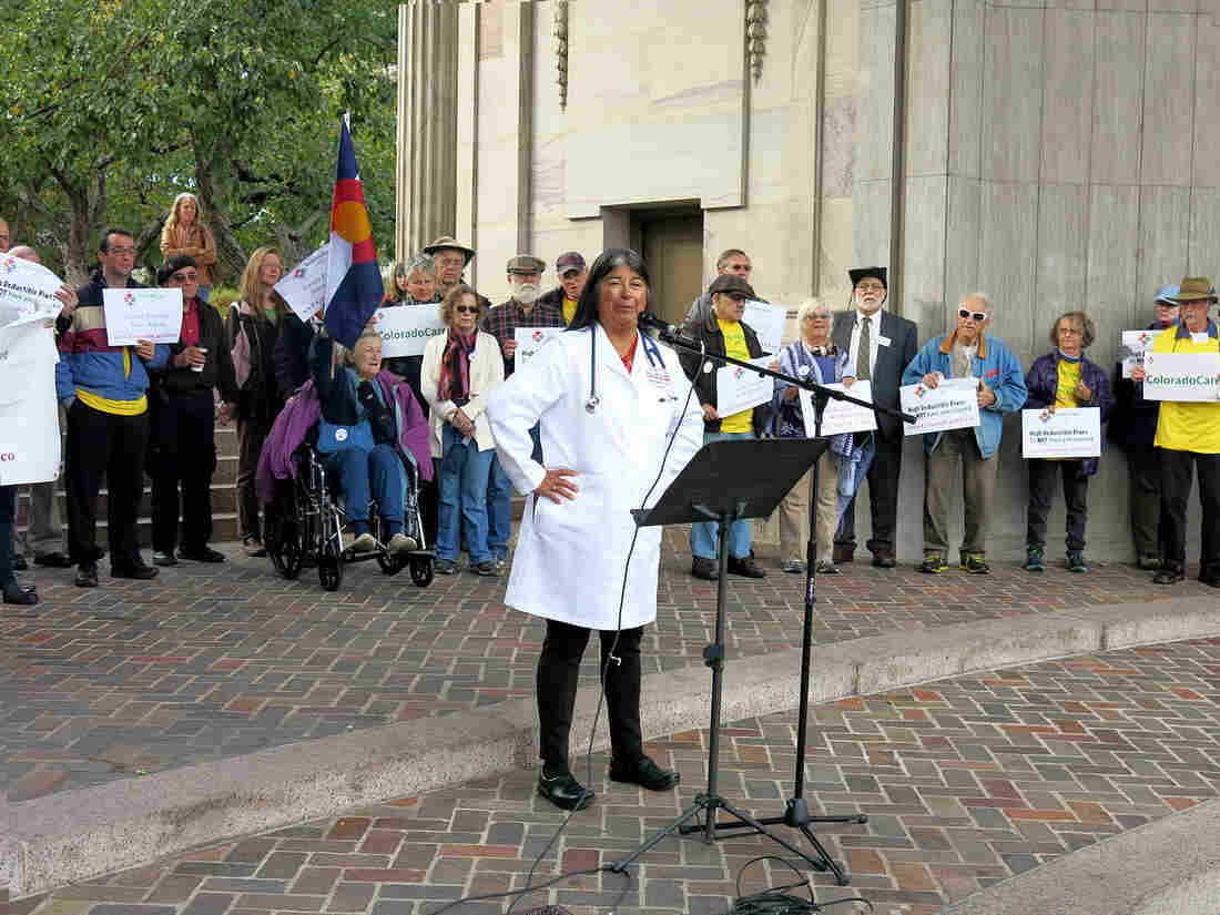 Dr. Irene Aguilar, a Democrat and Colorado state senator from Denver County, is also a medical internist and advocate of universal health care. She led this Denver rally in favor of the 2016 ballot measure.