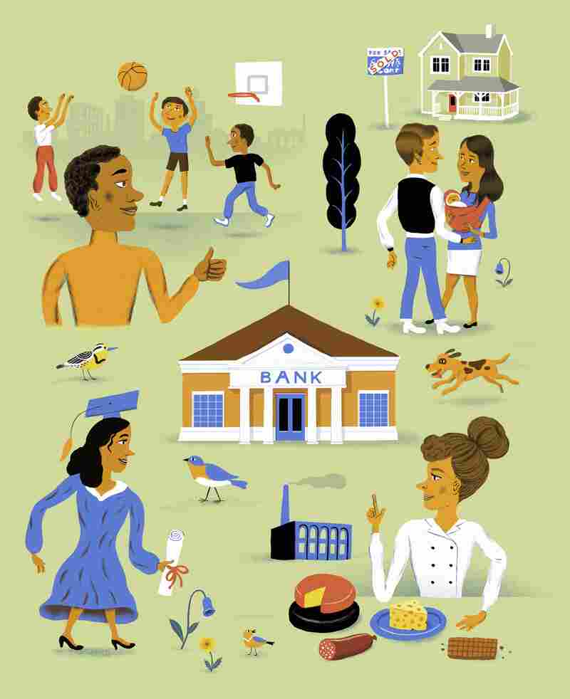 People at home, work and play surrounding a bank.