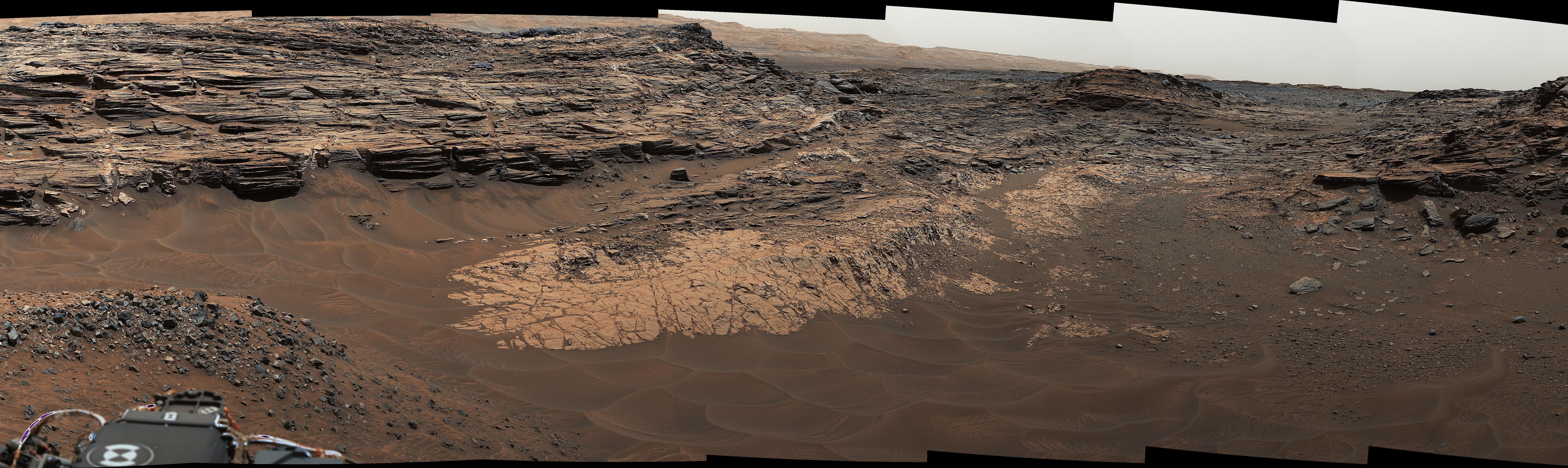 NASA's Curiosity Mars rover captured this composite view of the "Marias Pass" area, showing layers of mudstone and sandstone. The rover found high levels of silica, as well as a rare mineral it had never seen on Mars: tridymite.