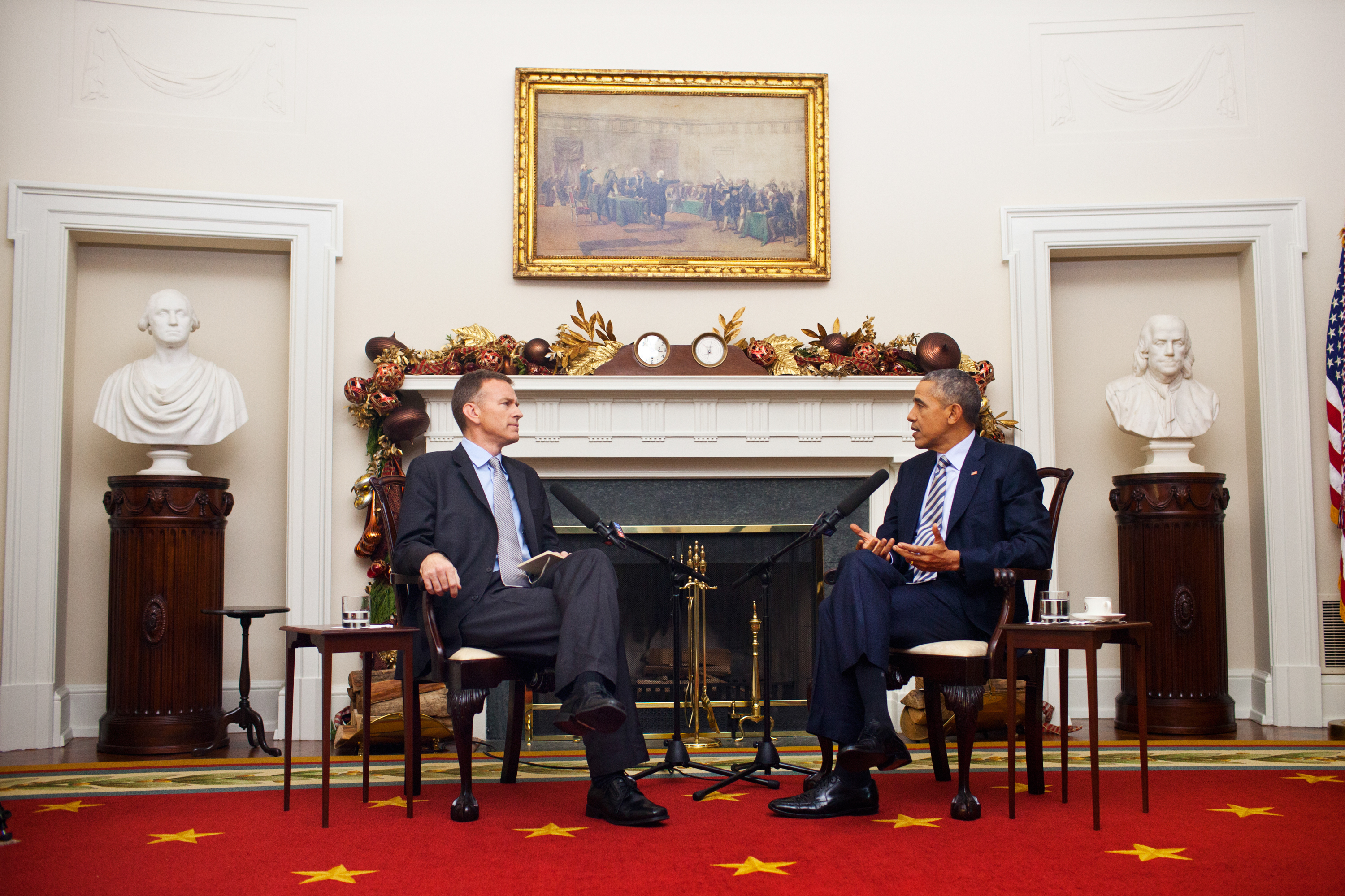 NPR's Steve Inskeep interviews President Obama at the White House. (Kainaz Amaria/NPR)