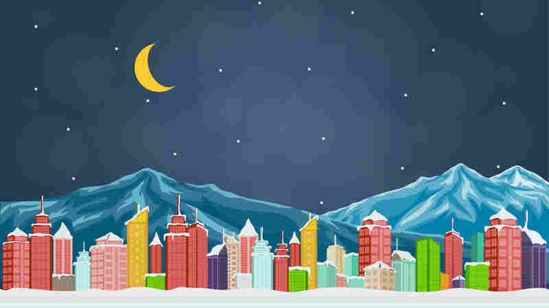 Illustration of a crescent moon over a wintry city.