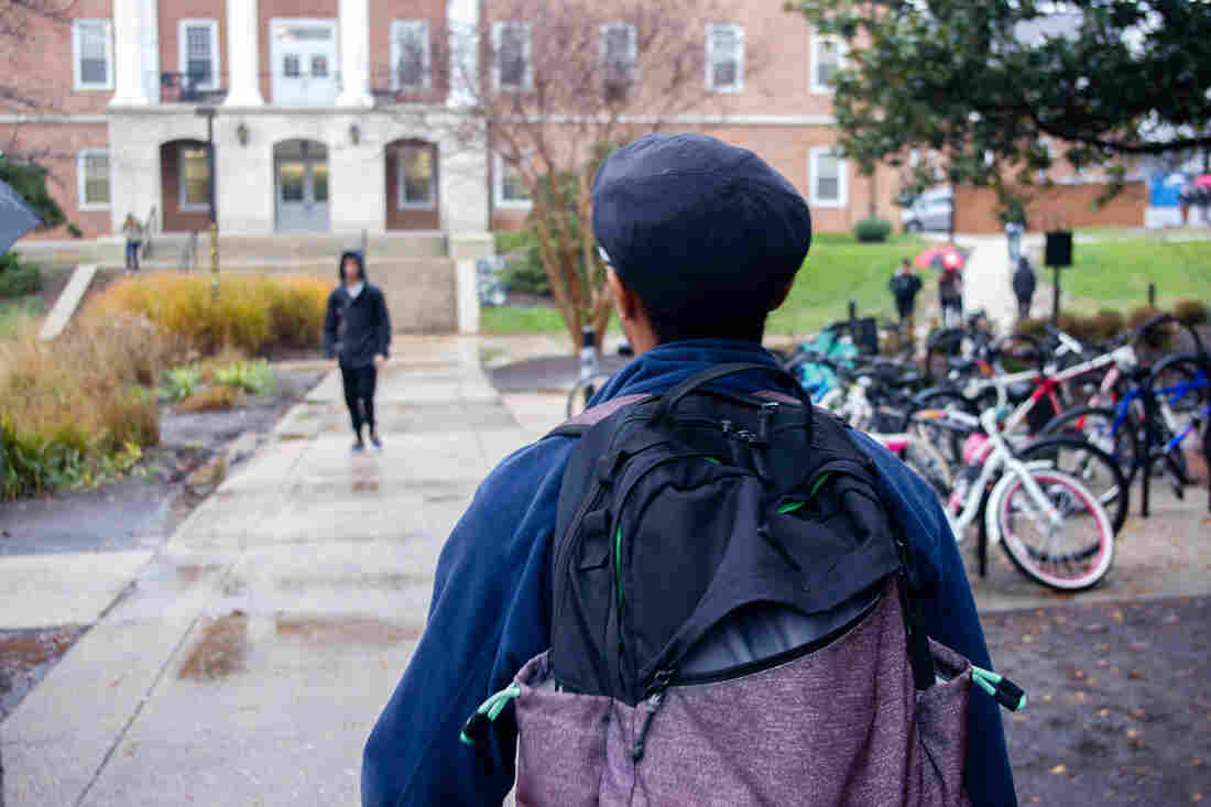 Rhys Hall, a senior at UMD, walks on the school's College Park campus.