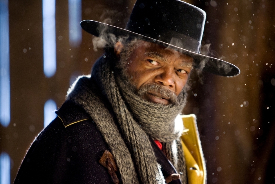 Samuel L. Jackson is one of the stars of Quentin Tarantino's <em>Hateful Eight, </em>which is showing in 100 theaters in 70-millimeter film — a nearly-obsolete premium format. (Andrew Cooper/Courtesy of the Weinstein Company)