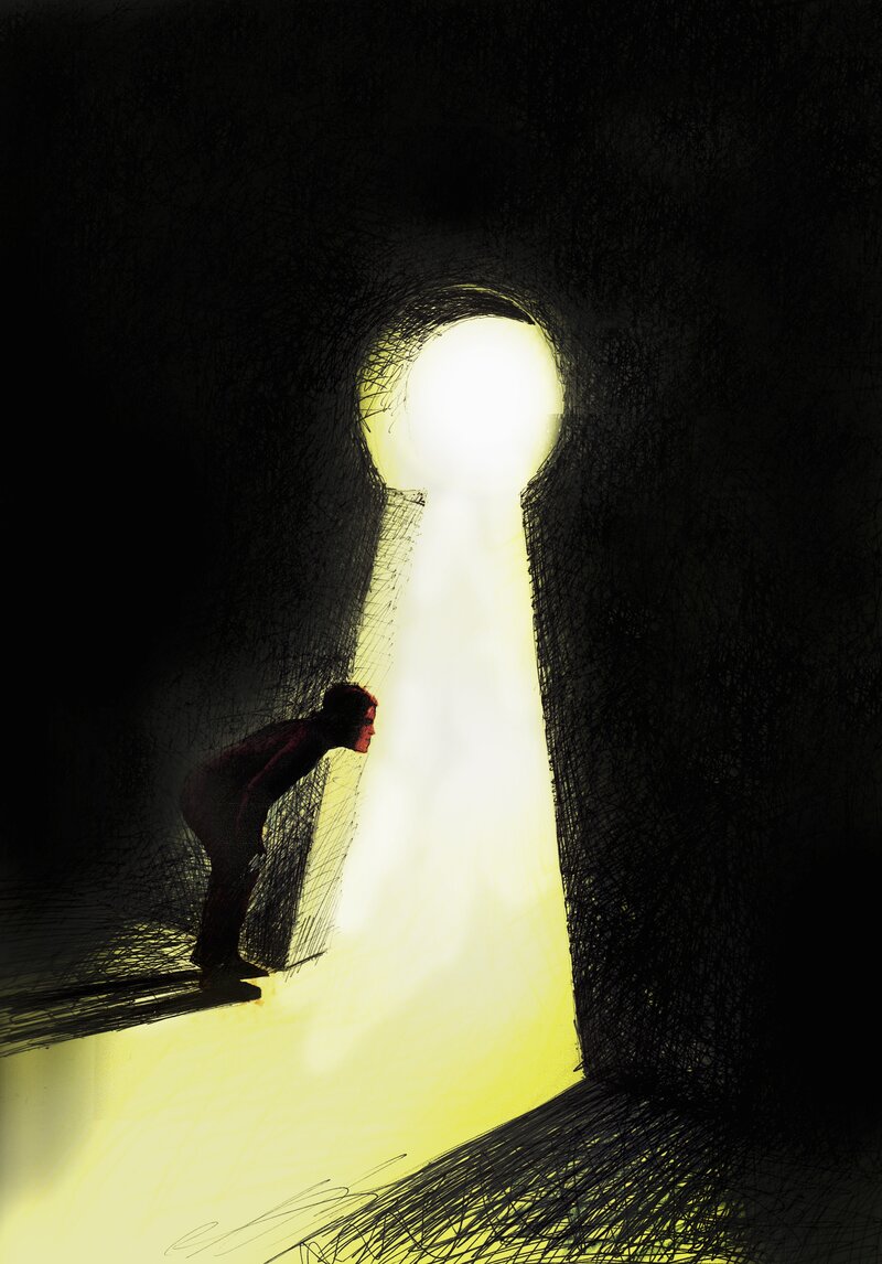 do colleges read essays Curious man peering out from dark through large lit up keyhole