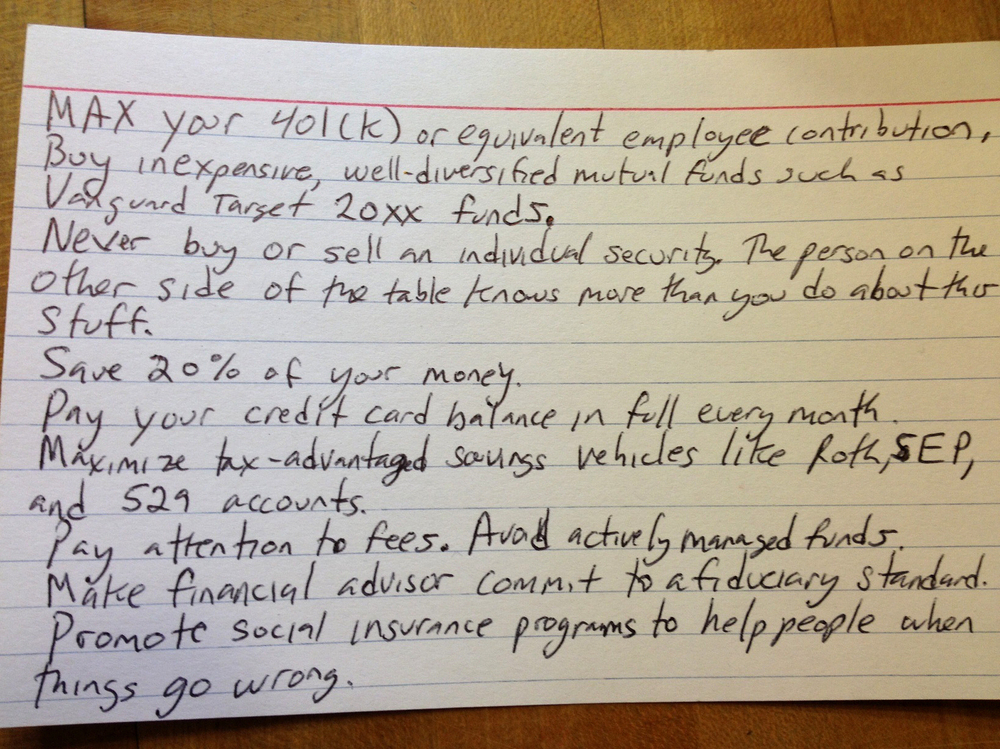 Harold Pollack's index card of finance tips. (Harold Pollack)