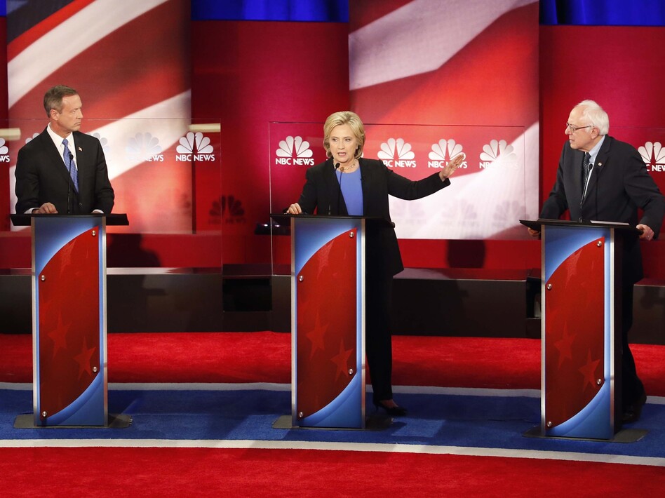 Former Maryland Gov. Martin O'Malley, Sen. Bernie Sanders, I-Vt. and Hillary Clinton at the NBC News-YouTube Democratic presidential debate at the Gaillard Center on Sunday in Charleston, S.C. (Stephen B. Morton/AP)