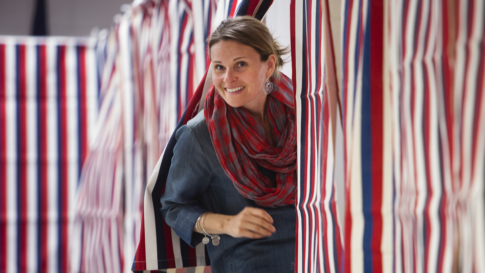 Heather Johnson of South Portland, Maine, exiting a voting booth in November. (Portland Press Herald/Press Herald via Getty Images)