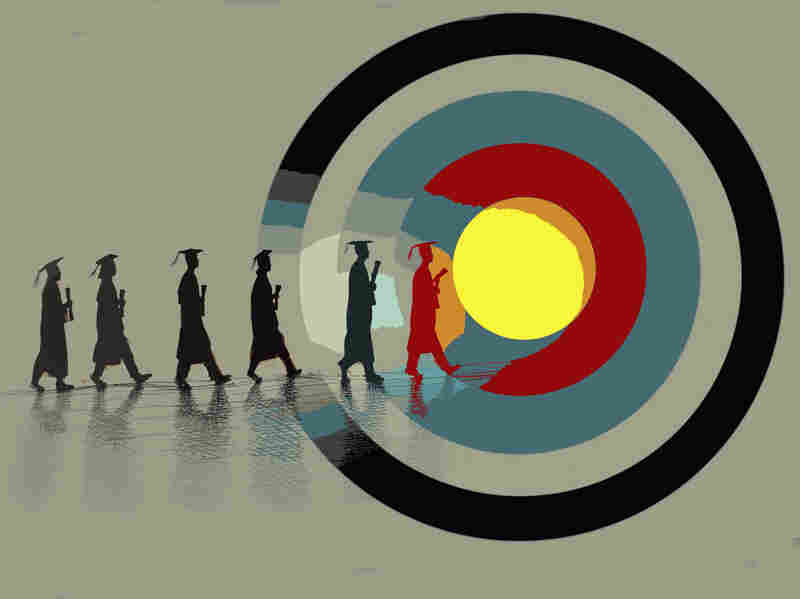 Graduate students walking toward a glowing target.