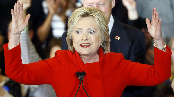 Democratic presidential candidate Hillary Clinton speaks during a caucus night rally at Drake University in Des Moines on Monday night.