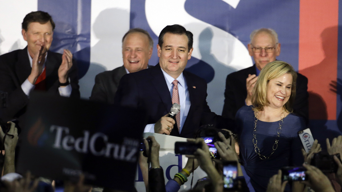 Republican presidential candidate Sen. Ted Cruz, R-Texas, with his wife, Heidi, on caucus night in Des Moines, Iowa.